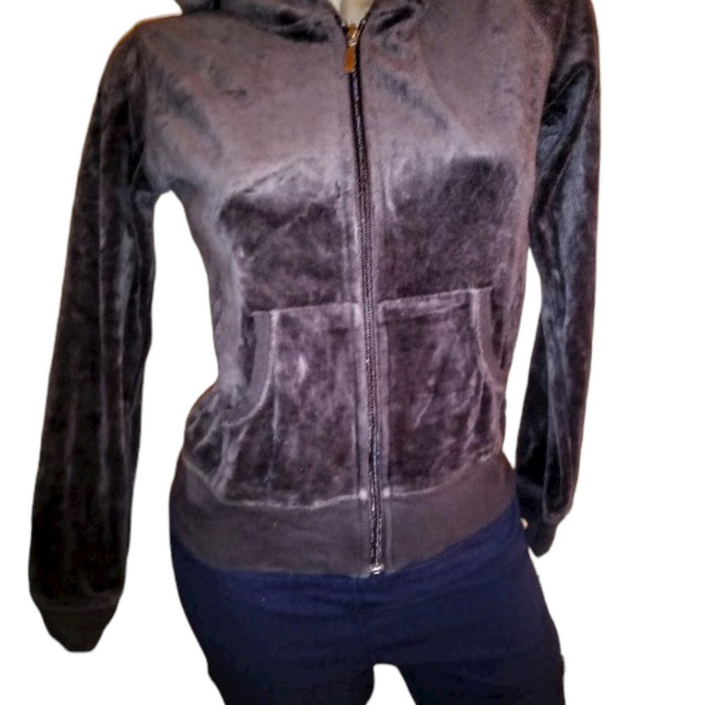 $25 JUNIORS BROWN AMBIENCE APPAREL VELOUR FITTED SEXY CUTE HOODIE JACKET TOP S